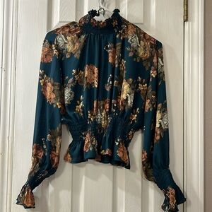ShineStar Hunter Green, Medium, Long sleeves, turtle neck, floral printed blouse